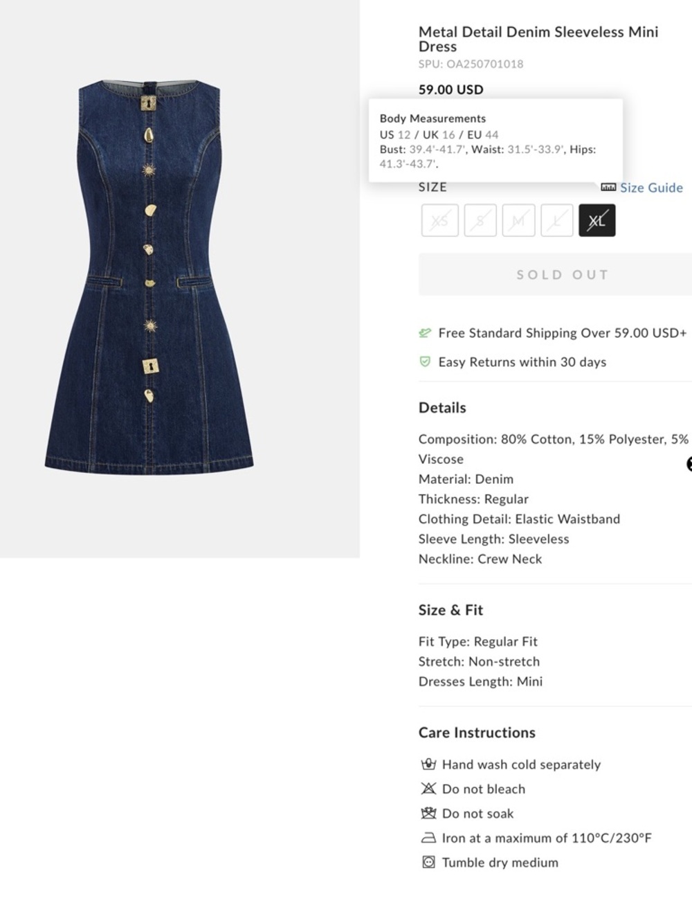 Commense Metal Detail Denim Sleeveless Mini Dress - XL - Picture 2 of 13